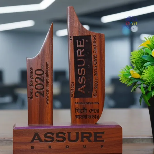 Custom Laser Engraved Solid Mahogany Wood Award Crest Memento